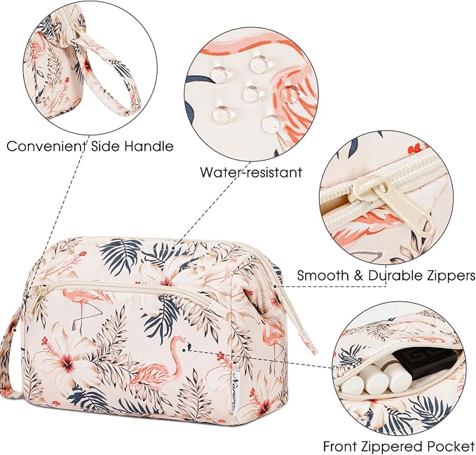 Narwey Women Makeup Bag Wide-open Make up Bag Travel Cosmetic Organizer Toiletry Bag for Cosmetics Toiletries Accessories (Beige Flamingo) - Image 5