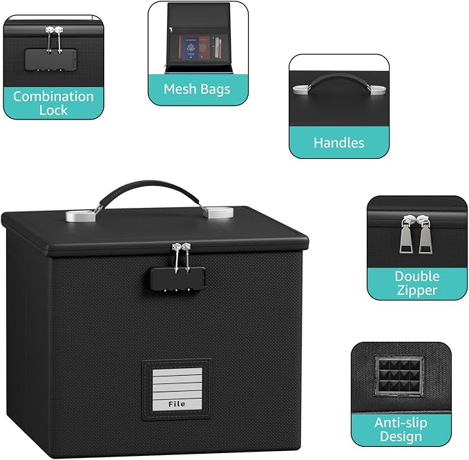 Fire Proof File Box for Documents - Portable Fireproof Document Organizer Box with Handle Waterproof Safe Locking Folder Storage with Lid - Image 4