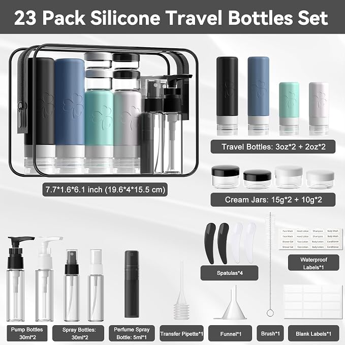 INSFIT 23 Pack Travel Bottles for Toiletries, TSA Approved Silicone Travel Size Toiletries with Toiletry Bag, BPA Free Leak Proof Refillable Travel Essentials for Liquids Shampoo Conditioner Lotion - Image 2