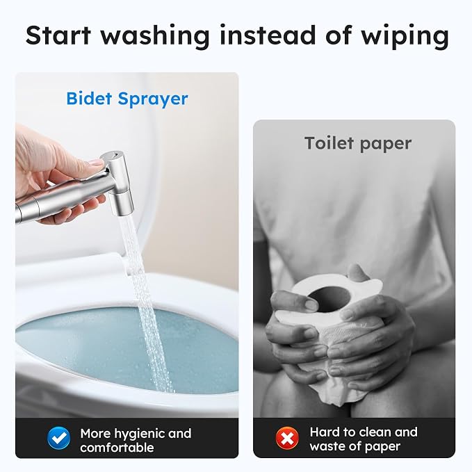 Arofa Handheld Bidet Sprayer, Bidet Attachment for Toilet, Brushed Nickel | Adjustabel Water Flow, Leak-Free Hose, 7/8" T-valve, Fits Two-Piece Toilet, Feminine/Baby Wash, Easy Install, Stainless Steel - Image 2
