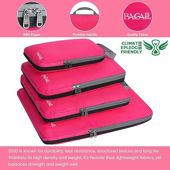 BAGAIL 4 Set/6 Set/8 Set Compression Packing Cubes Travel Accessories Expandable Packing Organizers (Cloth Pattern, 4-Fuchsia) - Image 5