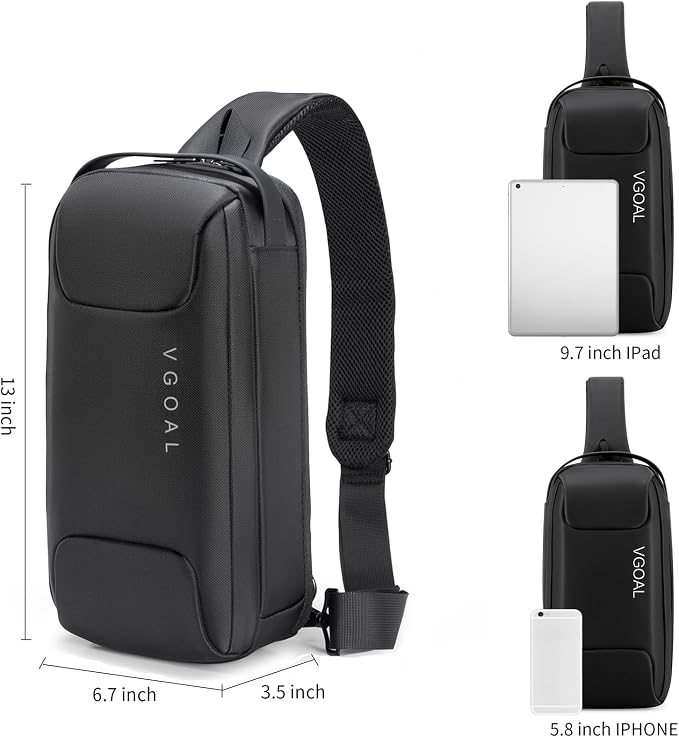 VGOAL Crossbody Sling Bag for Men Sling Backpack Chest Shoulder Bag Black | Waterproof,USB Charge Port,Portable,Minimalist,13*6.7*3.5Inch,Fit 9.7" IPad,Business,Travel,Cycling,Hiking - Image 3
