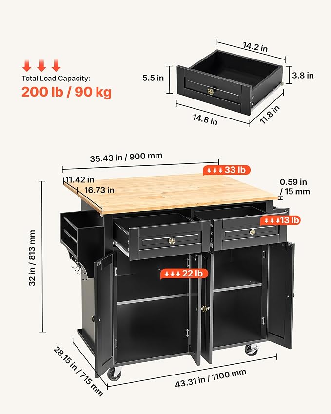VEVOR Kitchen Island Cart, 35" Wood Top Mobile Carts with Storage Cabinet, Rolling Table with Drop Leaf, Spice Rack, Towel Bar, Adjustable Shelf, Drawer, and Hooks, Portable Islands on Wheels, Black | Rolling Table with Drop Leaf, Spice Rack, Towel Bar... - Image 3