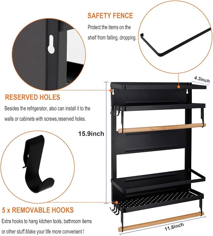 Jolitac Magnetic Fridge Spice Rack- Space Saving Organizer Black Shelf on Refrigerator, Kitchen Paper Towel Holder, Foldable Design (Black-Large) - Image 7