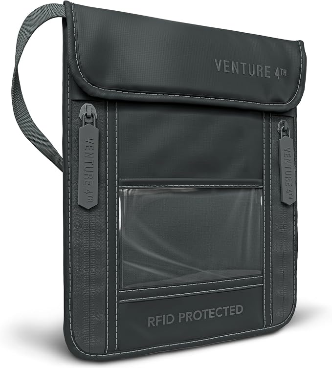 VENTURE 4TH Travel Neck Wallet, RFID Blocking Passport Holder - Sleek Gray by VENTURE4TH