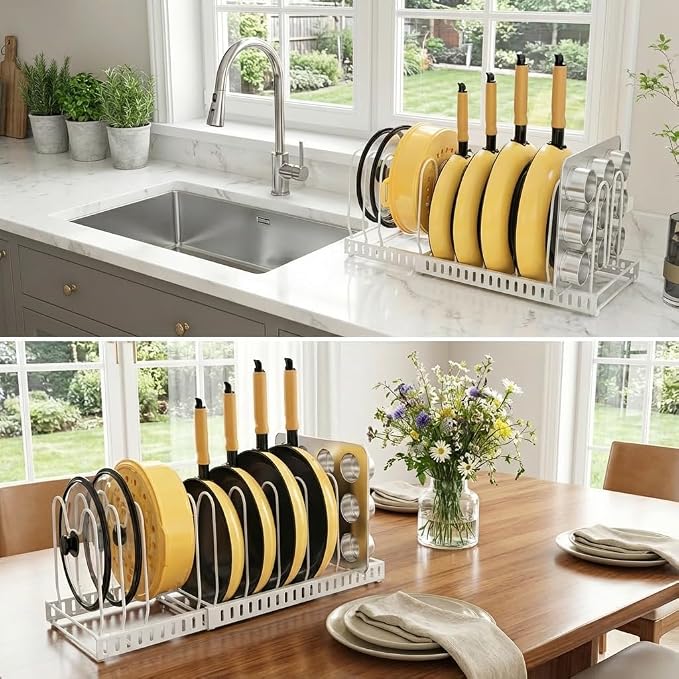 Pot and Pan Organizer Rack for Cabinet, 3 Expandable Pot Lid Organizer Holder with 12 Adjustable Compartment for Kitchen Cutting Board, Pan Lid, Bakeware, White - Image 8