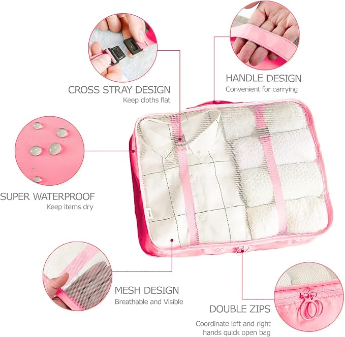 LANSKLBD 6/8 Set Packing Cubes for Suitcases Travel Luggage Packing Organizers,Travel Accessories Essentials Luggage Organizer with Shoe/Tioletry/Laundry Bag (Pink, 8 set) - Image 6
