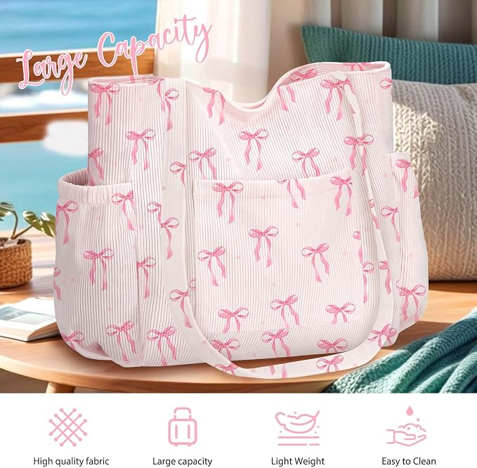 Corduroy Tote Bag for Women,Large Capacity Cute Tote Bags With 6 Pockets,Crossbody Shoulder Handbag for Work Travel Gym - Image 6