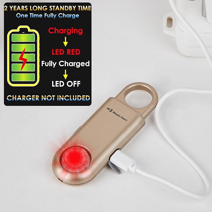 135dB Rechargeable Personal Safety Alarm Strobe Light Flashlight Keychain Siren for Women, Girls, College, School Students Emergency SOS Alerts Loud Sound Hiking Alarm Torchlight Bear Deterrent. Gold - Image 6