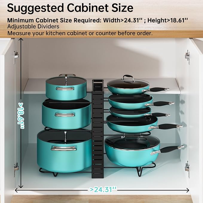 MUDEELA 8-Tier Lightweight pot and pan organizer for under cabinet, 16.6" H | 3 DIY Methods, Holds up to 12-inch cookware neatly, Adjustable Pot Pan Rack, Pot Lid holder for Kitchen, Easy Assembly - Image 2