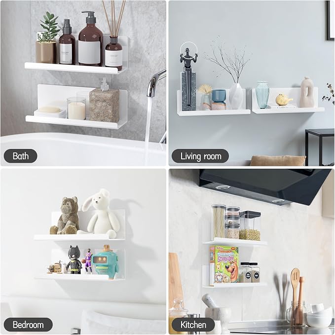 PAVSTINE Acrylic Wall Floating Shelves Set of 2, Wall Shelves White 12 Inch Adhesive Wall Organizer Adhesive Shelf for Bathroom, Kitchen, Bedroom, Office, Gaming Room, No Damage, No Drill - Image 6