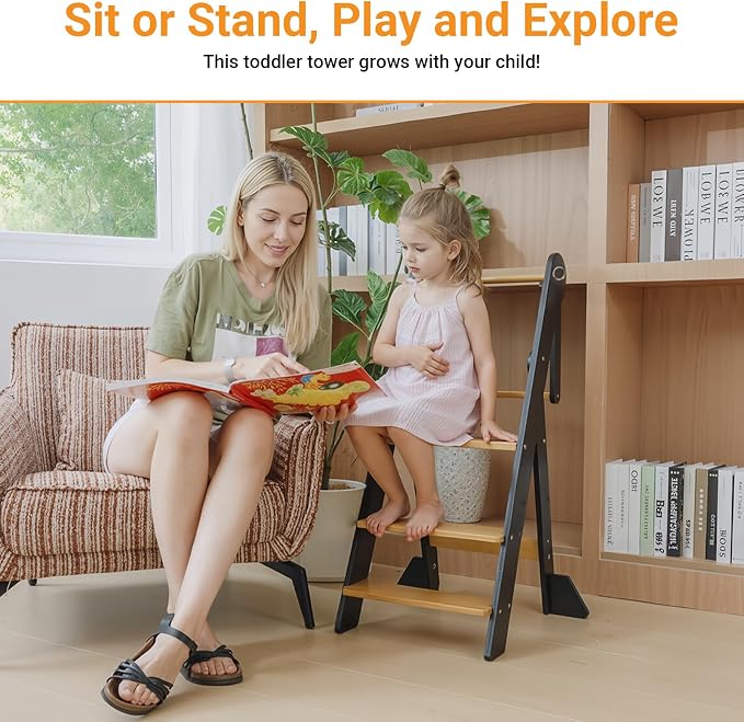 COSYLAND Foldable Toddler Kitchen Stool Helper - Height Adjustable Standing Tower for Bathroom Sink or Kitchen Counter - Step Stool for Toddlers Ages 18 Months to 6 Years Black - Image 5