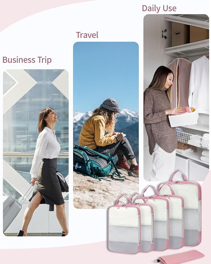 ECOHUB 6 Set Compression Packing Cubes, Gifts for Women Mom, Lightweight Vacation Travel Essentials Accessories for Suitcase Luggage Organizer Bags Set with YKK Zippers Shoe Bag, Pink - Image 5