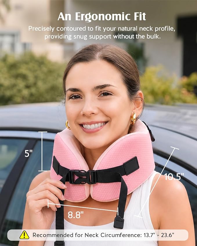 YFONG Travel Pillow with 3D Sleep Mask for Long Flights Airplane, Pink | Patented 360° Ergonomic Sleeper Hold Head Support System, Memory Foam Neck Pillow, Prevents Head Bobbing, Adjustable Strap - Image 8