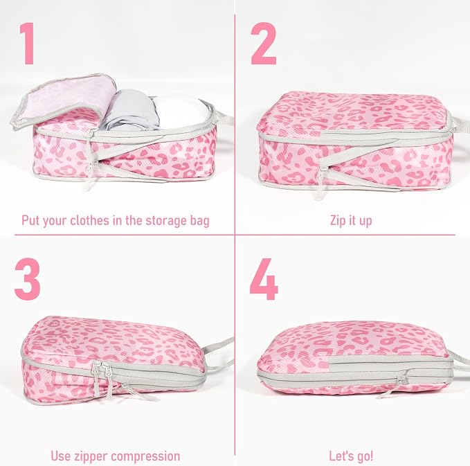 6 Set Compression Packing Cubes, Suitcase Organizer, Lightweight Travel Essentials, Compression Bags For Travel Accessories Luggage Storage Set (6Pcs, Pink Leopard) - Image 3
