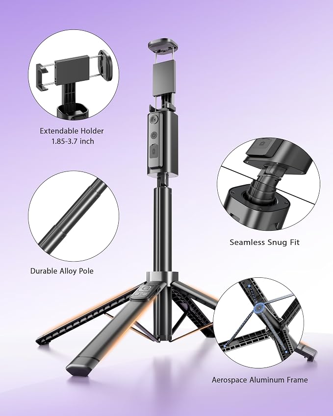 59" Extendable 360° Auto Face Tracking Phone Stand with Remote and Fill Light, No App Needed, Black Tracking Tripod for iOS and Android, Ideal for Content Creators and Video Recording - Image 8