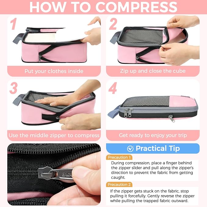 BAGAIL 4/6 Set/8 Set Compression Packing Cubes Travel Accessories Expandable Packing Organizers(HalfMesh, 8-Pink) - Image 5