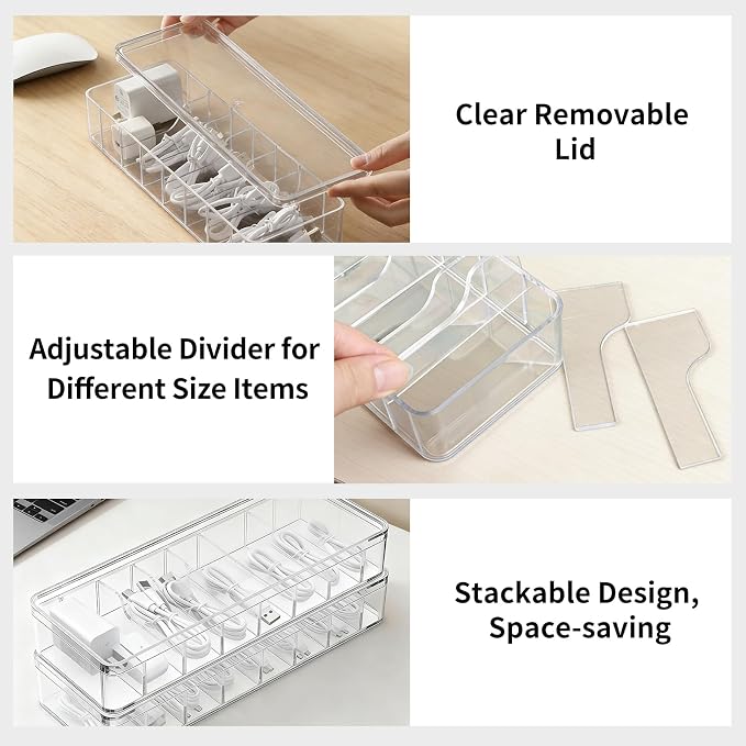 Cable Organizer Storage Box with Lid - Clear Phone Charger Cord Organizer Case - Cables Wire Management Box with Adjustable Compartments 10 Wire Ties for Drawer Desk Office Home Accessories(1 pack) - Image 4