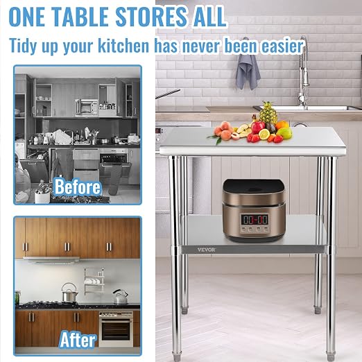VEVOR Stainless Steel Prep Table, 30 x 30 x 36 Inch, 800lbs Load Capacity Heavy Duty Metal Worktable with Adjustable Undershelf & Feet, Commercial Workstation for Kitchen Garage Restaurant Backyard - Image 4