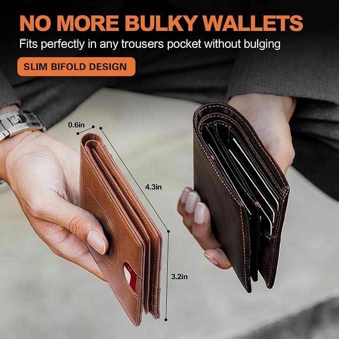 Wallet for Men Slim RFID Blocking Bifold Carbon Fiber,Minimalist Small Compact Front Pocket Credit Card Holder,Thin Mens Leather Wallets Smart Security With 2 ID windows 1 Cash (Caramel Brown) - Image 4
