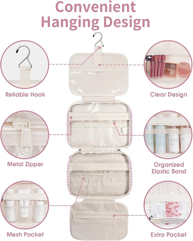 Narwey Striped Hanging Toiletry Bag for Women Travel Makeup Bag Organizer Toiletries Bag for Travel Size Essentials Accessories Cosmetics (Dusty Pink Stripe (Medium)) - Image 3