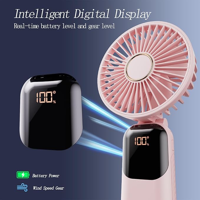 GOCKERA Portable Fan, 4200mAh Battery Operated Fan, 5 Speeds&Digital Display, Makeup Fans for Women with Base, 180°Foldable 3in1 Handheld/Neck/Desk Fan for Outdoor Indoor,Ultra Quiet (Pink) - Image 4
