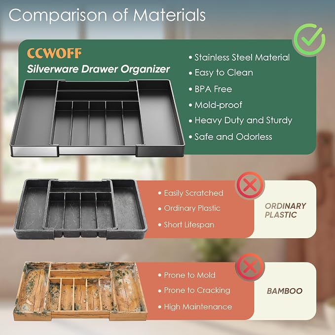 Silverware Drawer Organizer, 9 Slots Expandable Kitchen Drawer Organizer | Extra Large Utensil Holder & Cutlery Tray, Heavy Duty Stainless Steel Frame Flatware Organizer, Non-Slip Feet Included, Black - Image 3