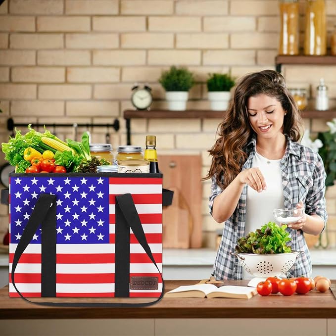 Patriotic Bags - Heavy Duty Reusable Grocery Bags with Hard Bottom & Long Handles, Foldable Reusable Shopping Bags with Box Shape to Stand Up, 3 Pack, Patriotic - Image 7
