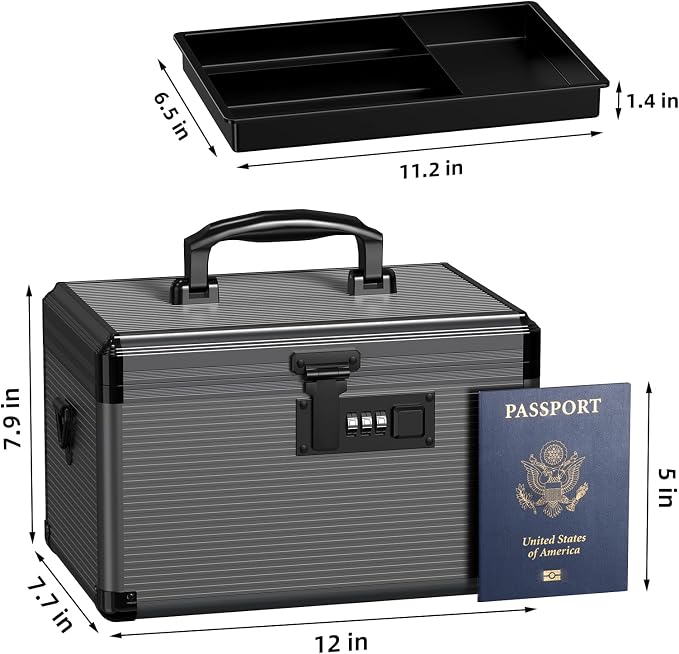Medicine Lock Box with Code, Medication Lock Box with Removable Tray & Pocket Bag, Portable First Aid Box for Home&Travel, 12 * 7.7 * 7.9 Inch (Black) - Image 2