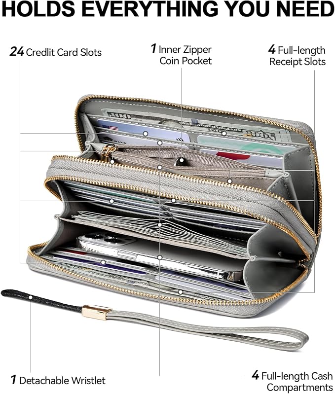 BOSTANTEN Wristlet Wallets for Women RFID Large Capacity Clutch Wallet | 24 Card Slots, 2 Zipper Pockets, Phone ＆ Card Holder, Zip Around, Hand Strap, Vegan Leather, Great Gifts - Image 3