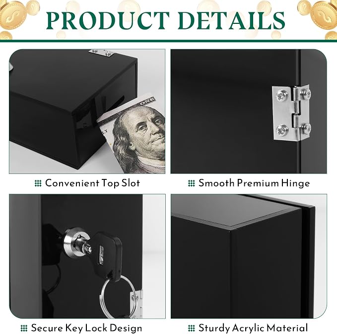 Large and Small Black Acrylic Cash Box for Gambler 2 Pack, Winners Bank with Keys, Slot, Storage Bag, Waist Bag, Portable Casino Money Organizer Safe Lock Box - Image 3