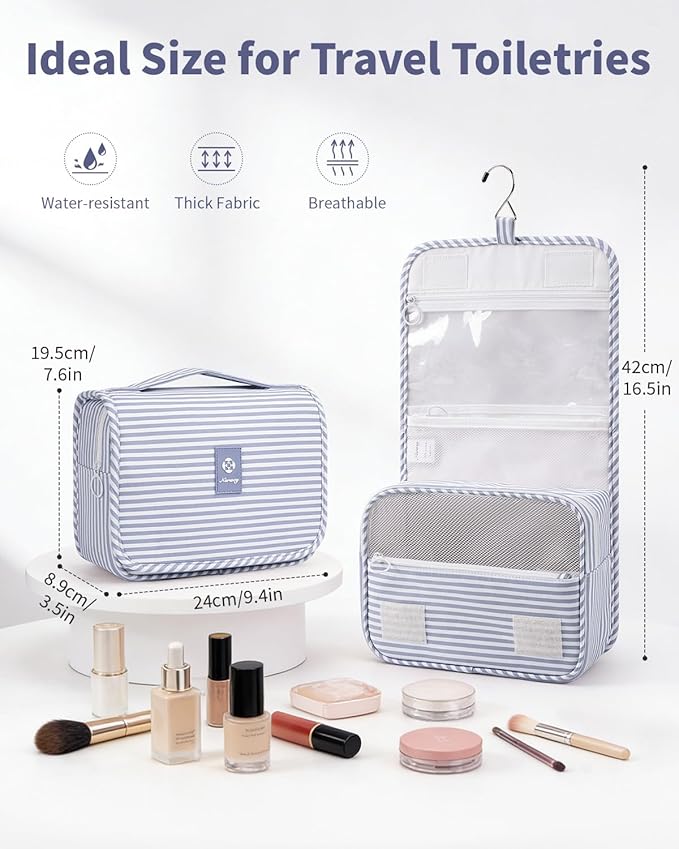 Narwey Small Hanging Toiletry Bag for Travel Women Girl, Striped Toiletries Travel Bag with Hook, Hanging Makeup Bag Organizer Make Up Cosmetic Bags, Gifts for Kids Teen (Greyish Blue Stripe) - Image 2