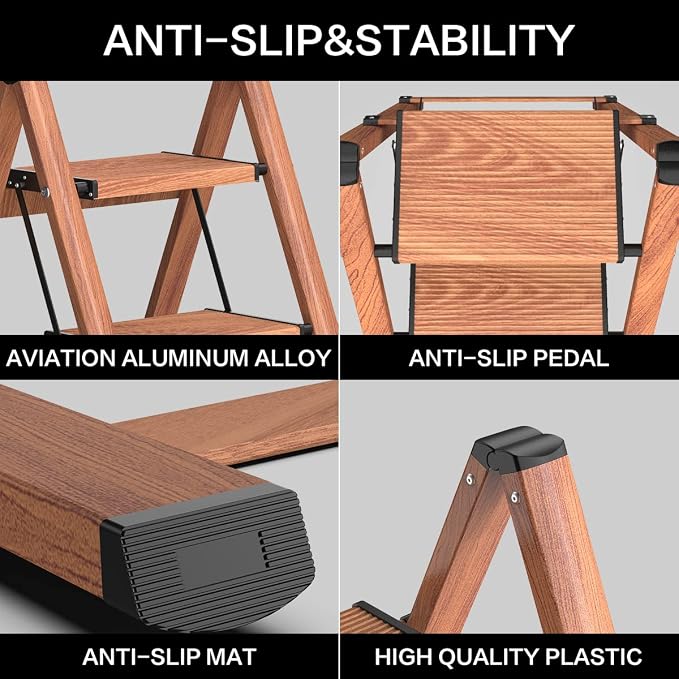 3 Step Ladder, Folding Step Stool with Anti-Slip Wide Pedal | Lightweight, Aluminum Material, 330LBS Load, Portable, Easy Storage, Space Saving, for Kitchen, Bedroom Use, Woodgrain - Image 4