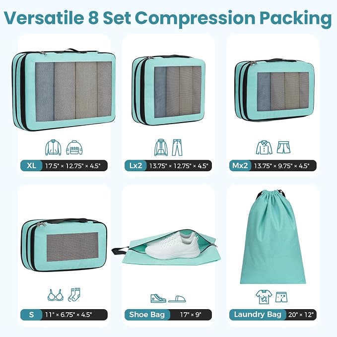 BAGAIL 8 Set Compression Packing Cubes, Expandable Luggage Organizer Bags for Travel Accessories (Mint) - Image 3