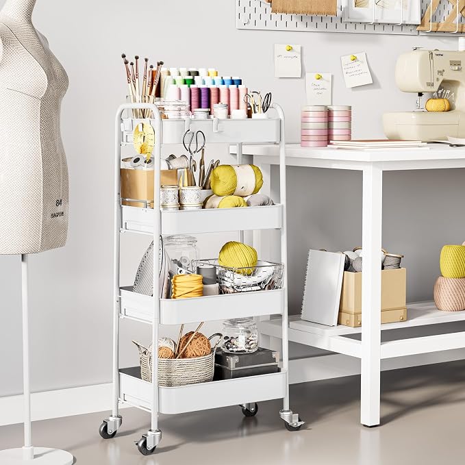 TOOLF 4 Tier Metal Rolling Cart, Utility Storage Cart with Wheels, White | Screwless Assembly, Lockable Metal Wheels, Trolley Organizer for Bathroom, Kitchen, Office, Dorm, Laundry, Craft Room - Image 2