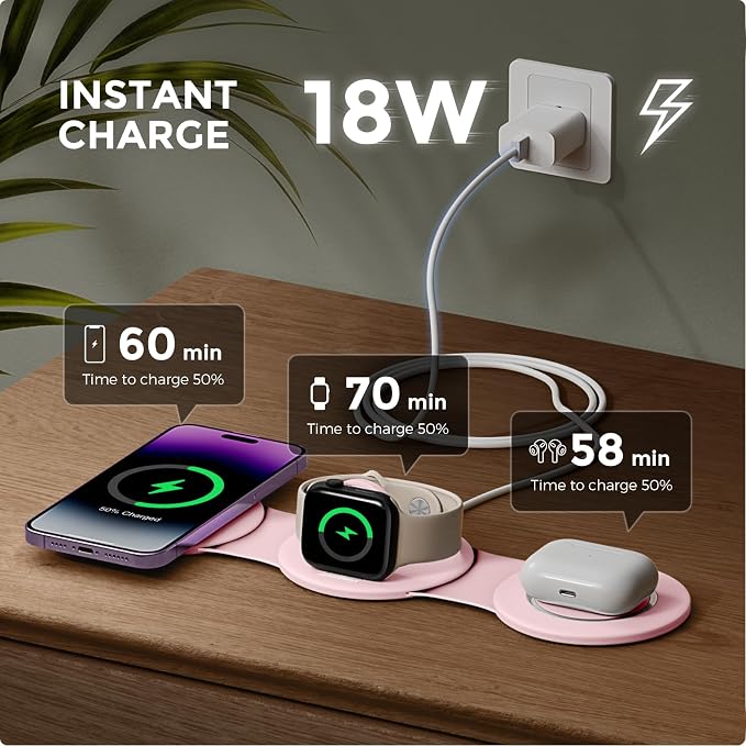 HICOBER 3-in-1 Wireless Charging Station for iPhone, Watch, AirPods, Pink | Charge 3 devices at once, foldable, case-friendly and ready for travel - Image 2