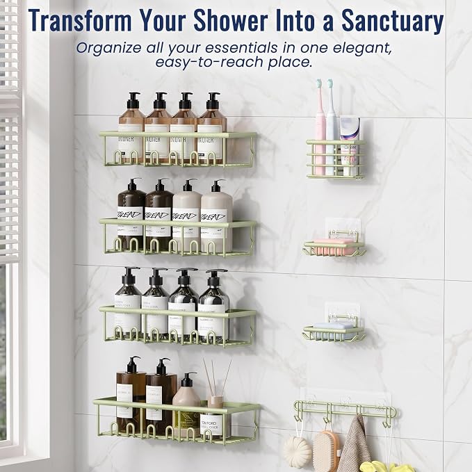 8 Pack Adhesive Rustproof Shower Caddy with Soap Dishes, Toothbrush Holder & Hooks, Large Capacity No-Drilling Shower Shelves Rack for Bathroom Organizers and Storage Accessories, Green - Image 3