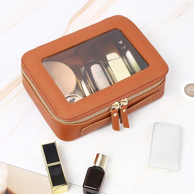 Aveniee Clear Makeup Bag, Travel Toiletry Case for Women, Cosmetic Pouch with Zippers, Car Storage Organizer for Essentials,Brown,Medium Classic - Image 2