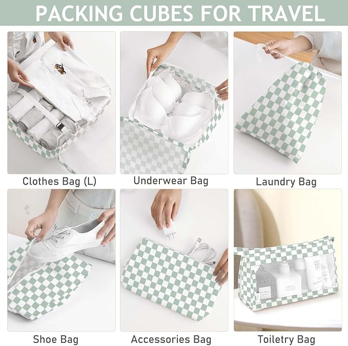 KPX 8 Set Packing Cubes for Travel, Luggage Packing Organizers Accessories Large Toiletries Bag for Clothes Shoes Cosmetics (8Set-Green Checkered) - Image 4