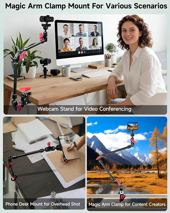 22" Magic Arm w Clamp Mount, Overhead Desk Phone Mount Stand, Adjustable Articulating Friction Camera Boom Arm w 1/4" Thread for Phone Video Light Webcam Action Camera Tripod Mic - Image 2