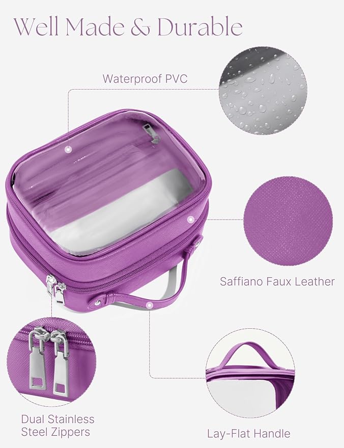 Clear Cosmetic Bag Double Layer Travel Toiletry Bag Clear Makeup Bag Case with 4 Compartments, Transparent Travel Bag for Toiletries, Large Toiletry Bag for Women Cosmetic Case (Purple, Small) - Image 6