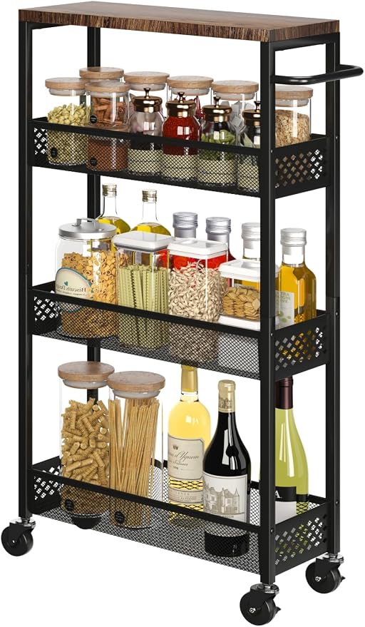 XYZLVSI Utility Slim Storage Cart, 4 Tier Kitchen Narrow Shelf on Wheels | 7.1" W skinny rolling cart with wooden top and metal handle, ideal for bathroom/dorm/office, between washer and dryer storage - Image 9