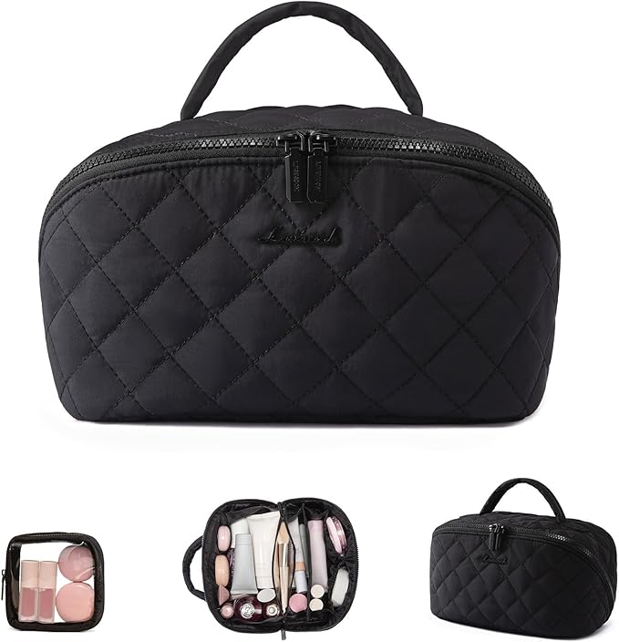 LOVEVOOK Travel Makeup Bag for Women, 2Pcs Puffer Waterproof Cosmetic Organizer, Large Capacity Pouch Open Flat Small Toiletry Bag with Brush Compartment & Handle (Black, Large) by LOVEVOOK