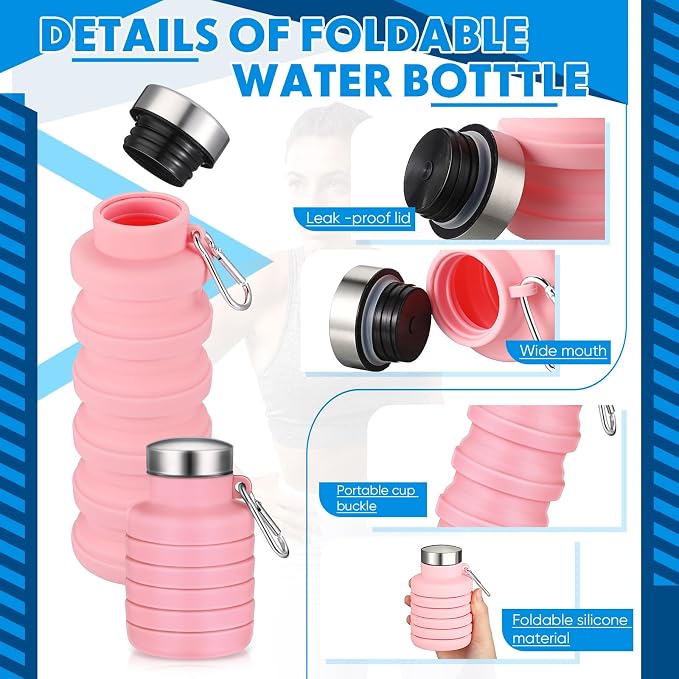 Baderke Collapsible Water Bottles 17oz Travel Sports Portable Water Bottle with Portable Buckle Silicone Lightweight Reusable Leakproof for Camping Hiking Yoga Outdoor(Pink) - Image 3