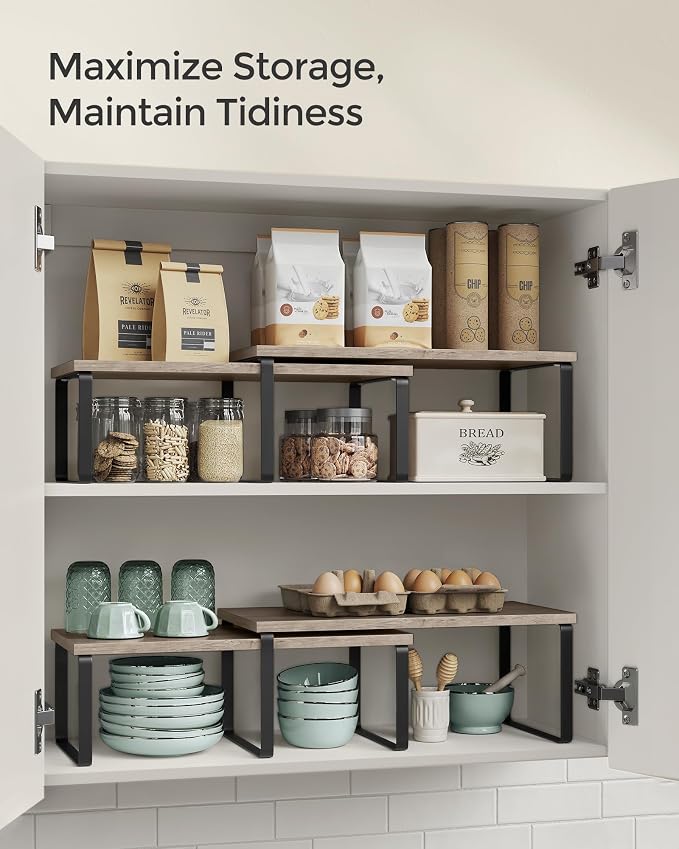 SONGMICS Cabinet Organizer Shelf, Set of 4 Spice Rack, Kitchen Storage | Wall-Mounted or Stand, Living Room, Balcony, Kitchen, 5.9 x 23.6 x 21.3 Inches, Light Bamboo, BAMBOU Collection UBCB13Y - Image 5