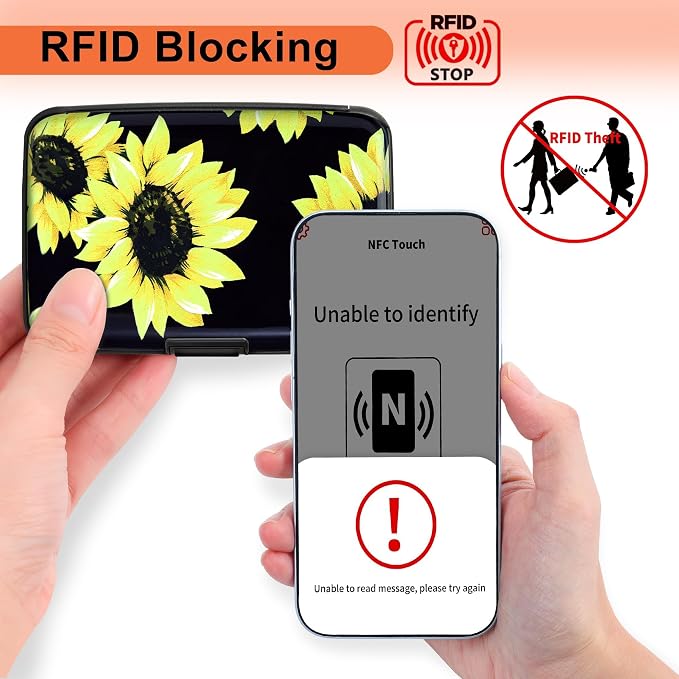 Mayski Credit Card Holder for Women RFID Blocking Wallet, Sunflower | Card Wallets for Women Small Mini Business Metal Accordion Aluminum Alloy Hard Case for Men - Image 2