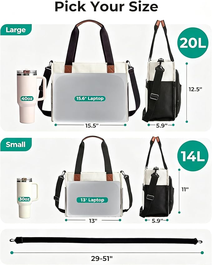 BAGSMART Canvas Tote Bag for Women, Small Work Tote Bag with Zipper | 30oz/40oz Tumble & 11 Pockets Travel Tote, Teachers/Nurses, Lightweight Canvas or Water-Resistant Puffer Taslon Crossbody Bag - Image 6