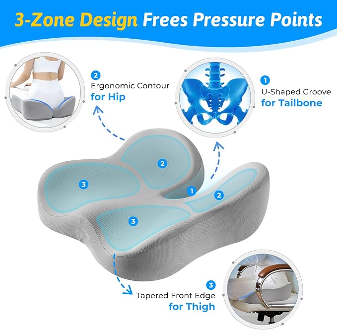 Seat Cushion for Tailbone & Sciatica Pain Relief | Certified & Ergonomist-Designed,Tapered Front Edge Reduces Thigh Pressure,Wide Memory Foam for Office Chair, Car, Wheelchair - Image 4
