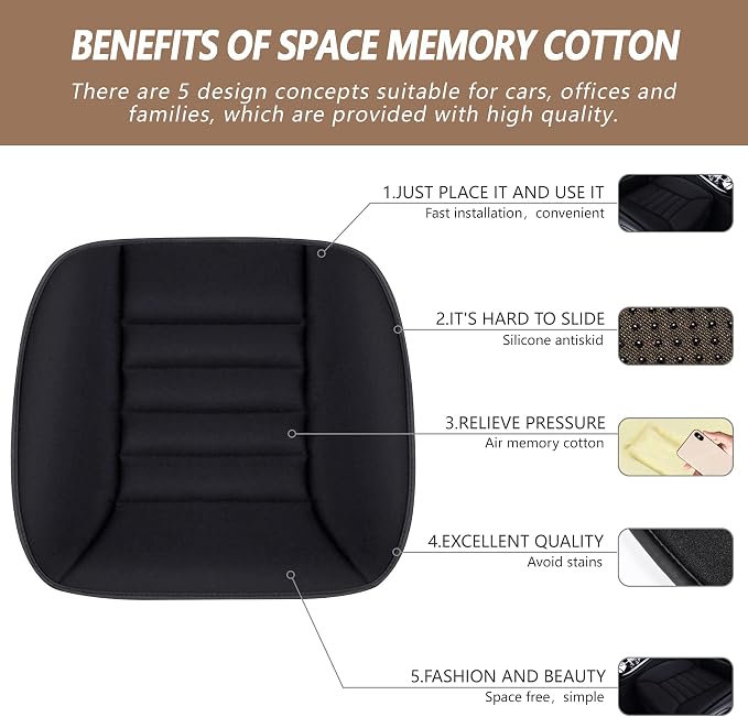 Car Seat Cushion Pad 1.2" Thick Comfort Seat Protector for Car Driver Seat Office Chair Home Use Memory Foam Seat Cushion with Non Slip Bottom, 20'' x 18.5'', Black - Image 2