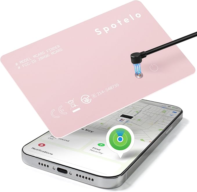[ Apple Mfi Certified ] Wallet Tracker Card Works with Apple find My(iOS Only) Tracking Card, Rechargrable Smart Tracker, 1.7mm IP68 Waterproof Item Locator for Luggage, Passport, Bags-Pink by SpoteloTrackingAccessories